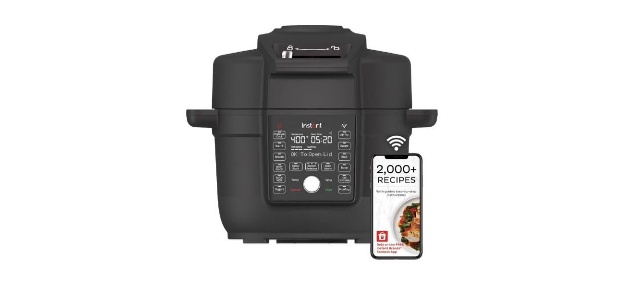 Instant Pot Duo Crisp 13-in-1 6.5-Quart Air Fryer and Pressure Cooker next to a smartphone Instant Pot Duo Crisp 13-in-1 6.5-Quart Air Fryer and Pressure Cooker next to a smartphone