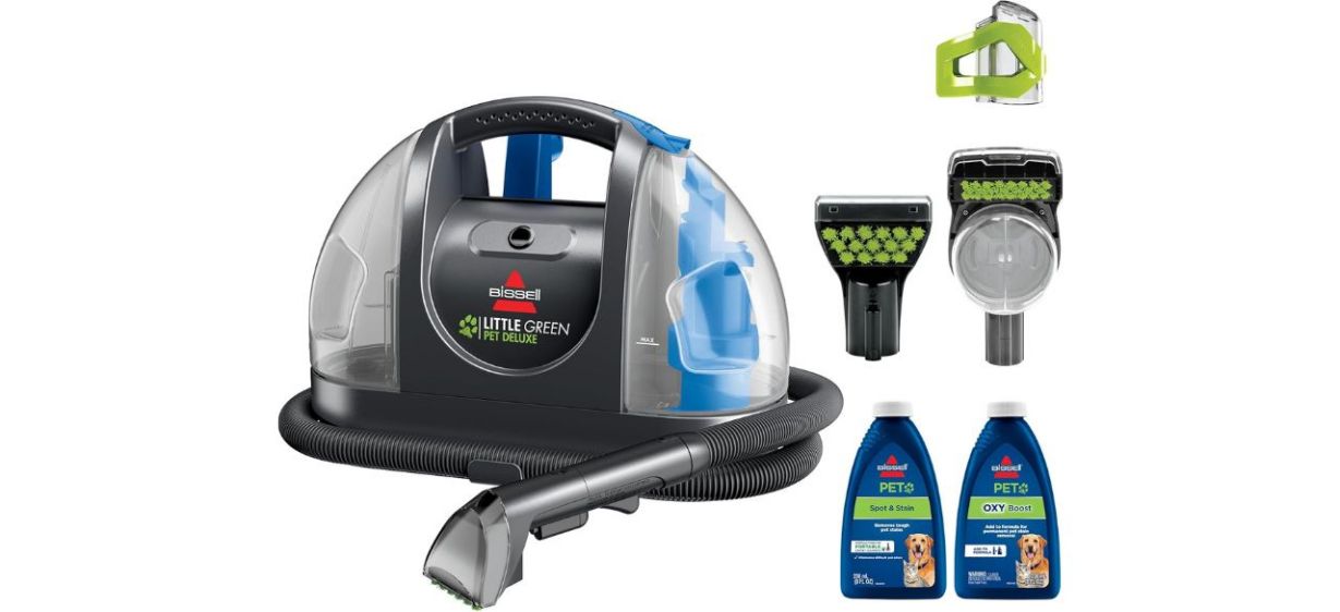 Bissell Little Green Pet Deluxe Portable Carpet Cleaner on white back Bissell Little Green Pet Deluxe Portable Carpet Cleaner on white back
