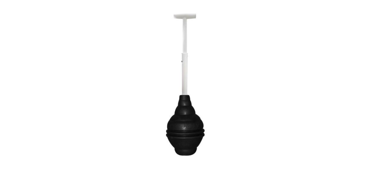 black beehive-shaped toilet plunger on white background