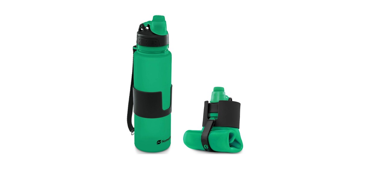 Green and black Nomader Collapsible Water Bottle on white background Green and black Nomader Collapsible Water Bottle on white background